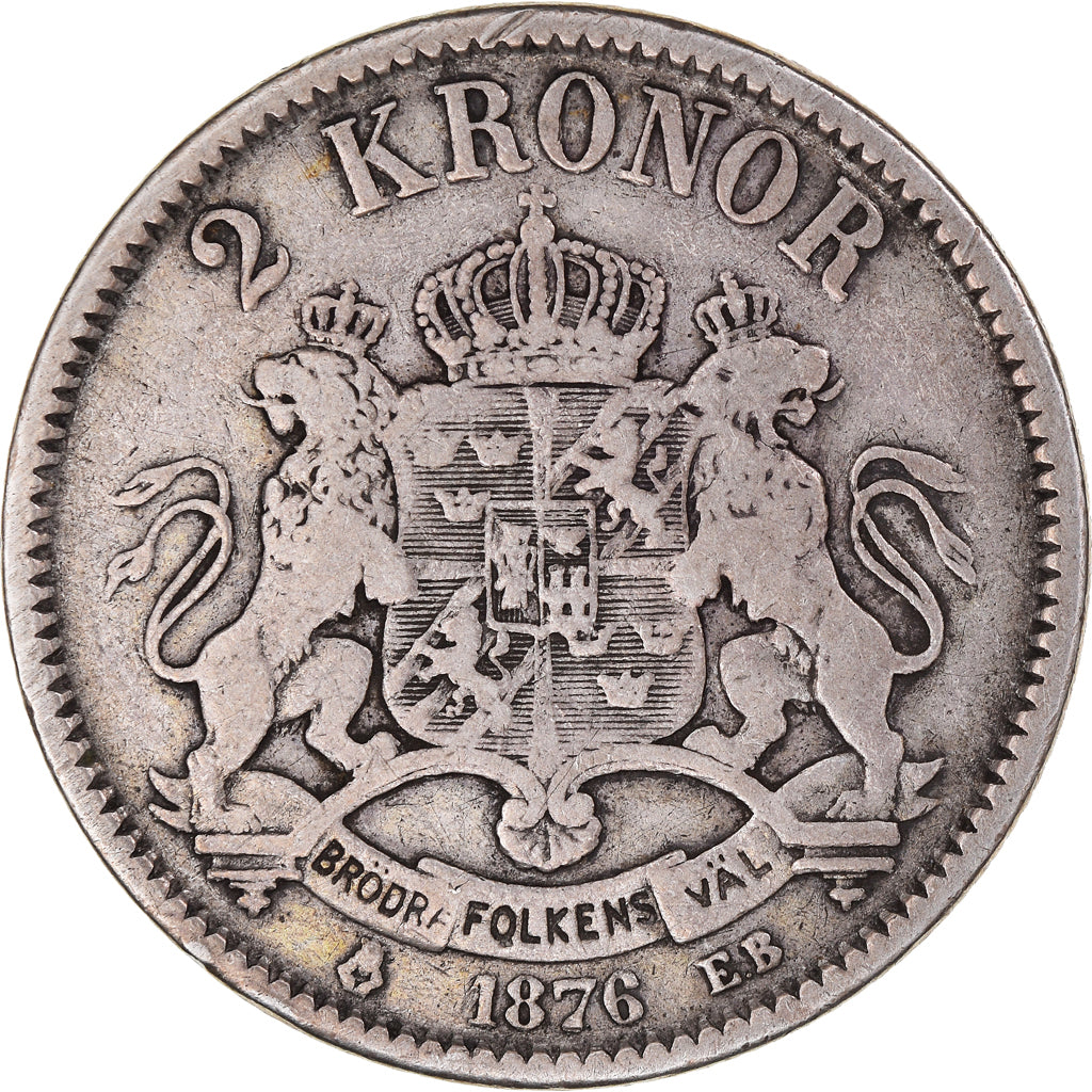 Moneda, Suecia, Oscar II, 2 Kronor, 1876, BC+, Plata, KM:742