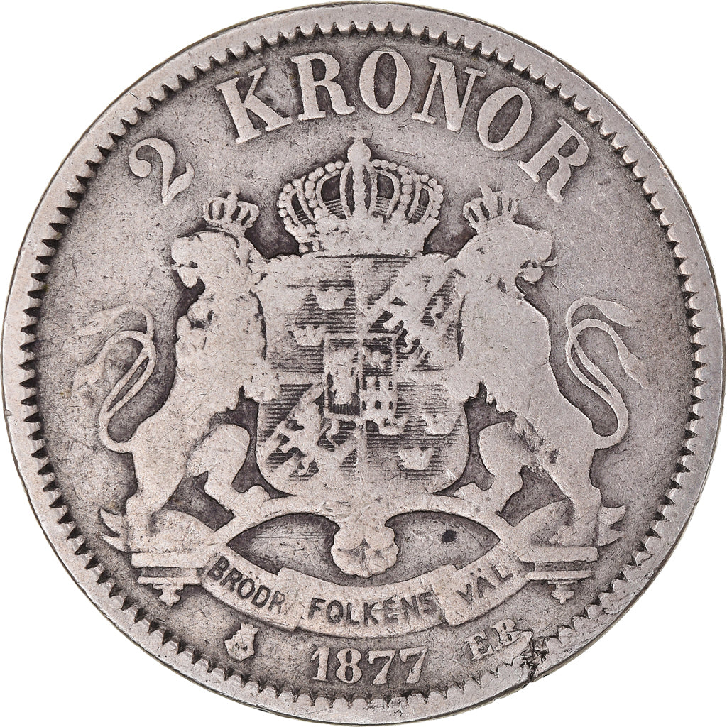 Coin, Sweden, Oscar II, 2 Kronor, 1877, VF(20-25), Silver, KM:742