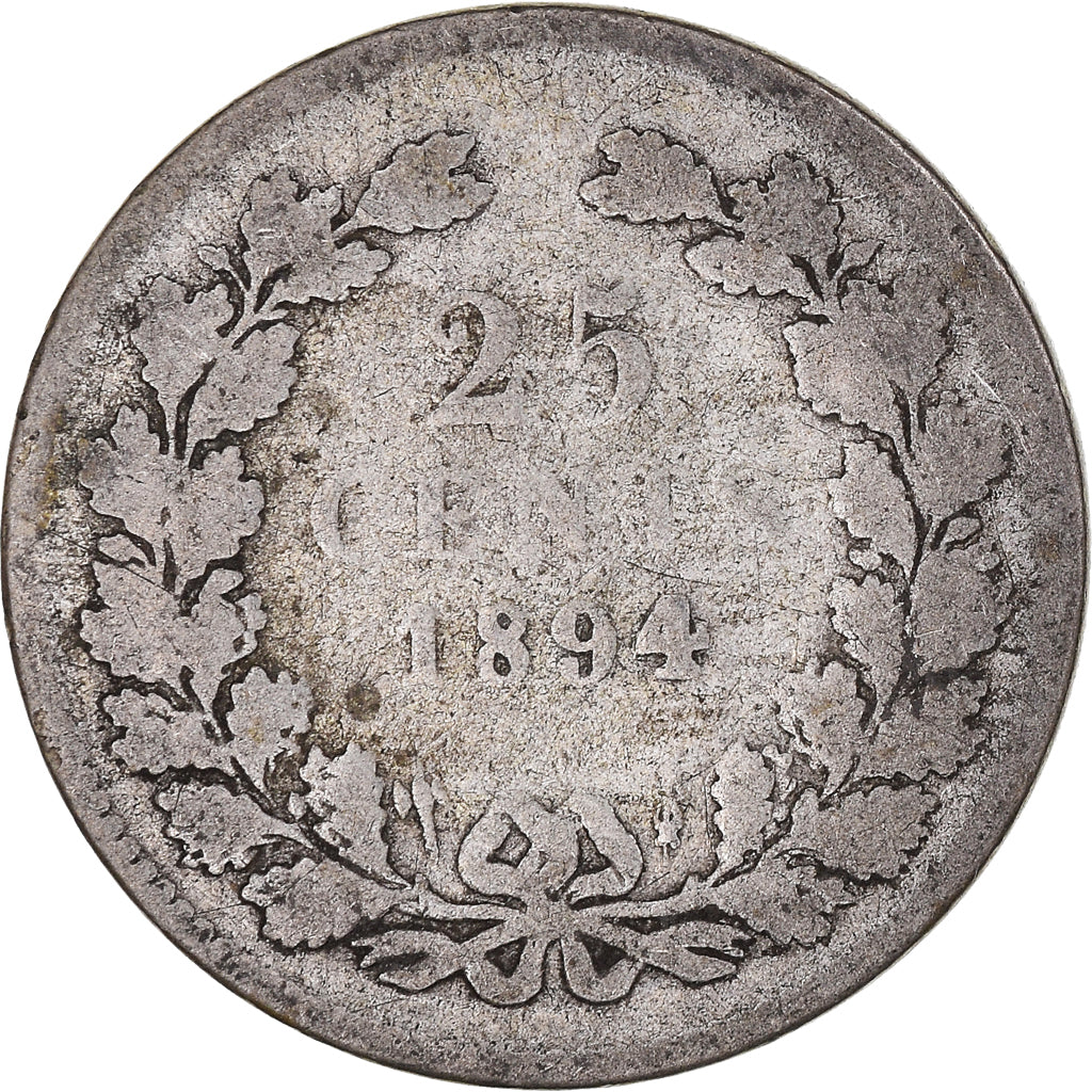 Coin, Netherlands, Wilhelmina I, 25 Cents, 1894, Utrecht, VF(20-25), Silver