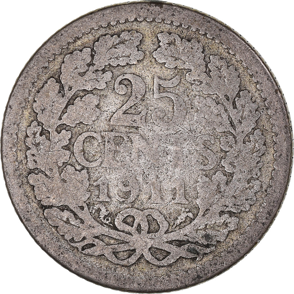 Coin, Netherlands, Wilhelmina I, 25 Cents, 1911, Utrecht, VF(20-25), Silver