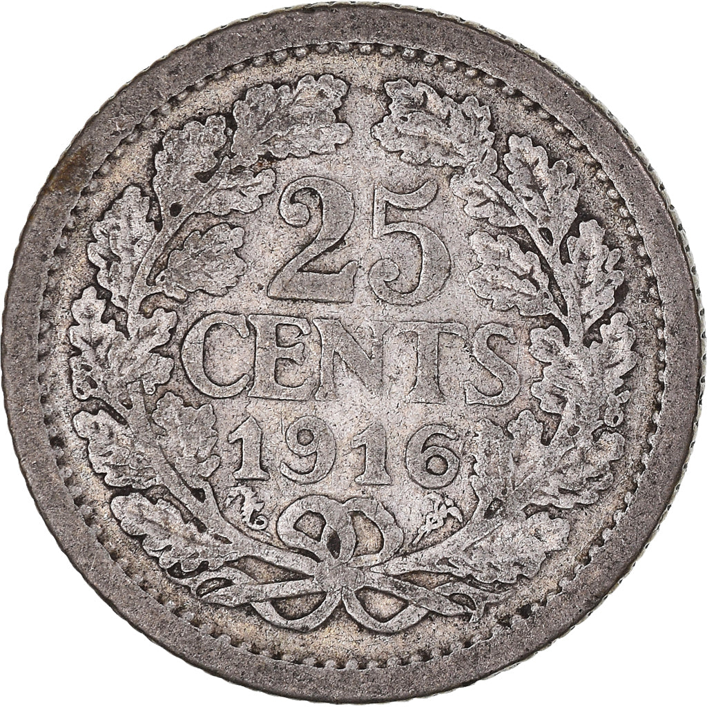 Coin, Netherlands, Wilhelmina I, 25 Cents, 1916, Utrecht, VF(20-25), Silver