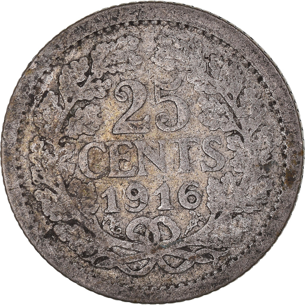 Coin, Netherlands, Wilhelmina I, 25 Cents, 1916, Utrecht, VF(20-25), Silver