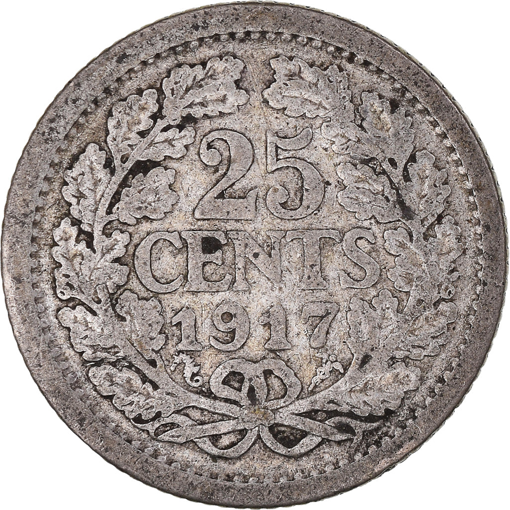 Coin, Netherlands, Wilhelmina I, 25 Cents, 1917, Utrecht, VF(20-25), Silver
