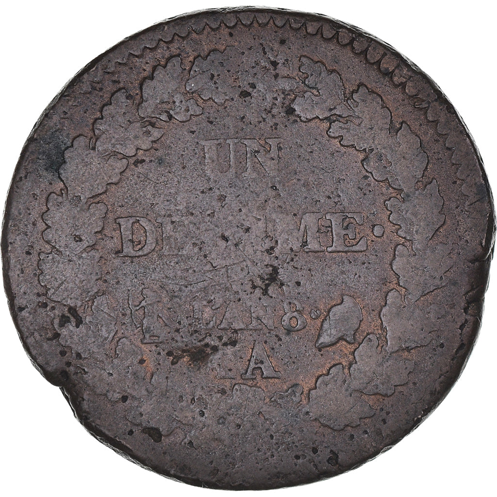 Coin, France, Dupré, Decime, AN 8, Paris, VF(20-25), Bronze, KM:644.1