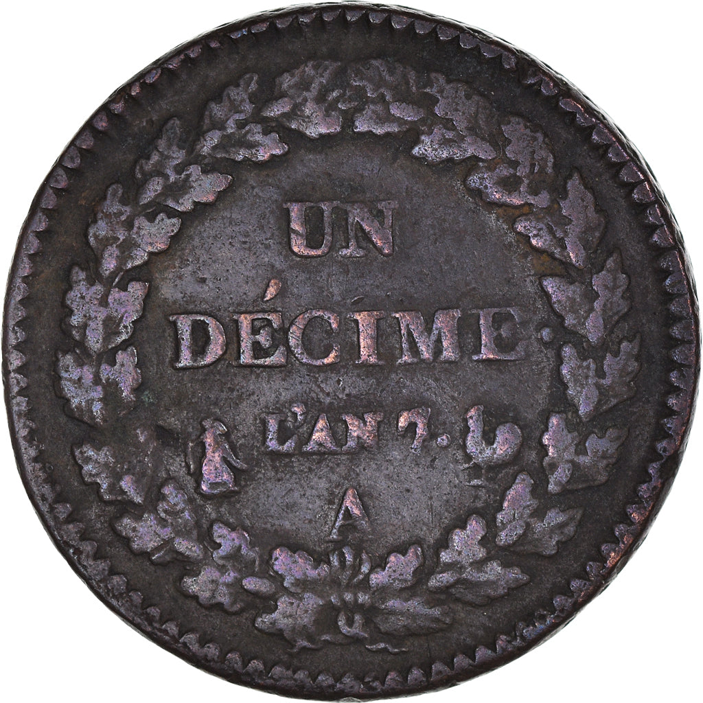 Moeda, França, Dupré, Decime, AN 7, Paris, VF(30-35), Bronze, KM:644.1