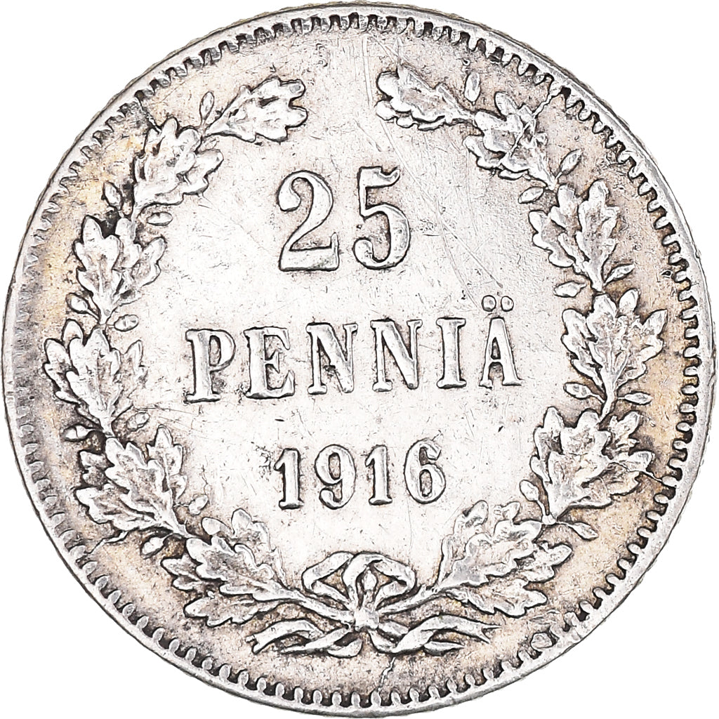 Moneda, Finlandia, Nicholas II, 25 Penniä, 1916, Helsinki, EBC, Plata, KM:6.2