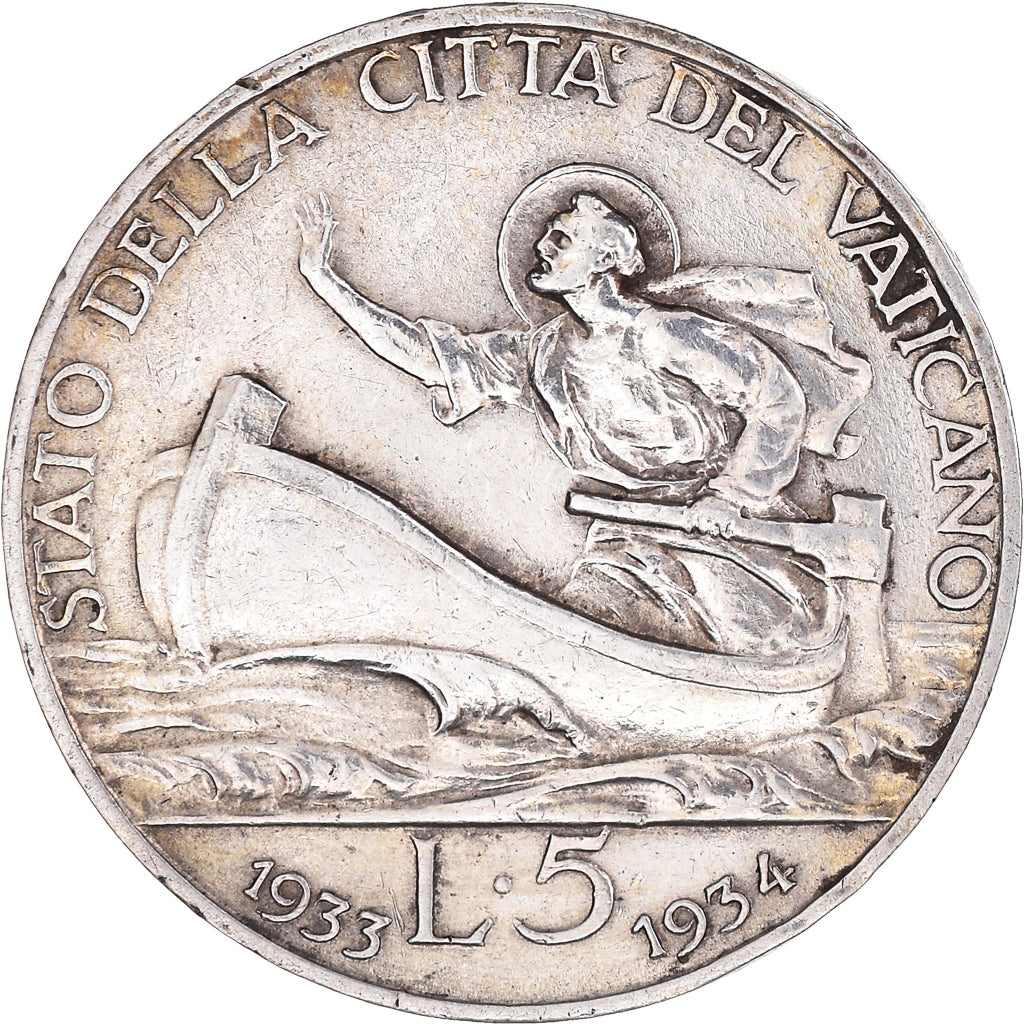 Coin, VATICAN CITY, Pius XI, 5 Lire, 1933-1934, Roma, AU(50-53), Silver, KM:7