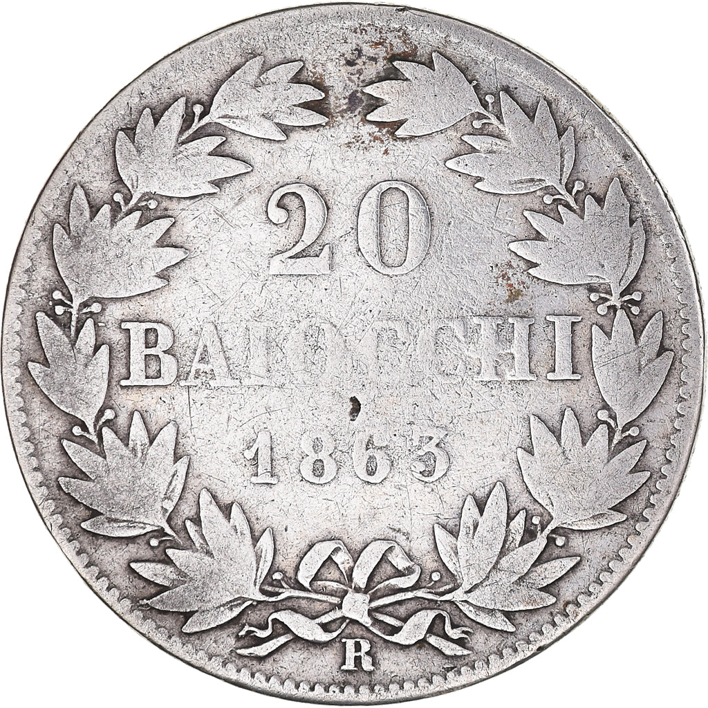 Munten, Italiaanse staten, PAPAL STATES, Pius IX, 20 Baiocchi, 1863, Roma, FR