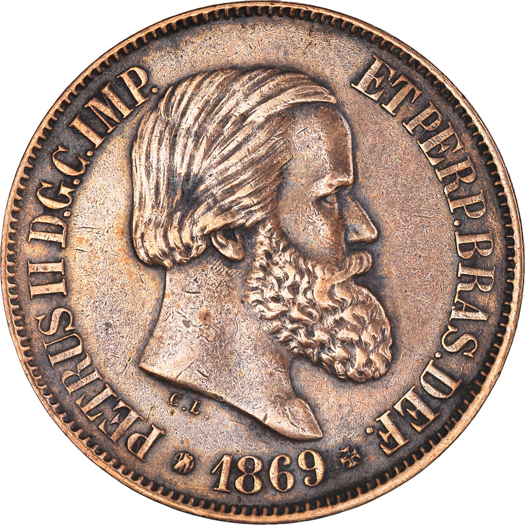 Moneda, Brasil, Pedro II, 20 Reis, 1869, Brussels, MBC+, Bronce, KM:474