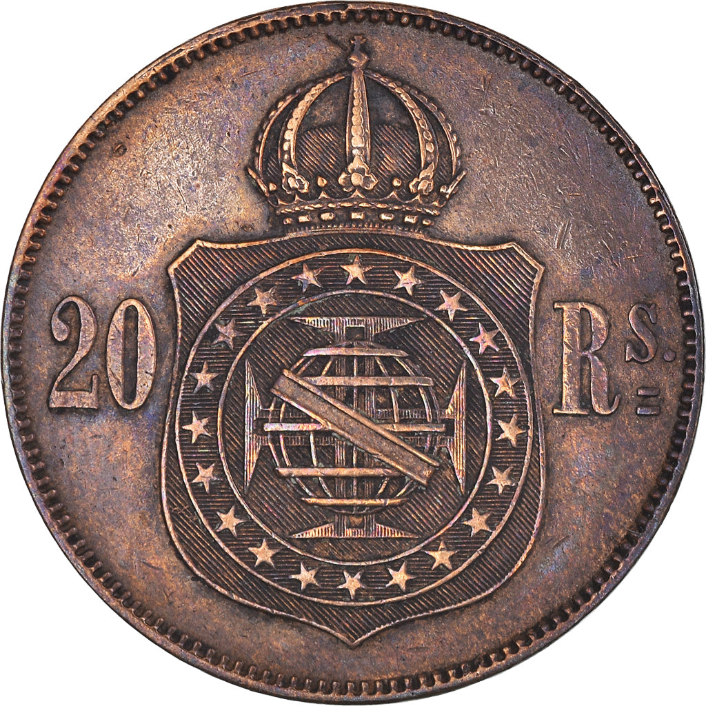 Moneda, Brasil, Pedro II, 20 Reis, 1869, Brussels, MBC+, Bronce, KM:474