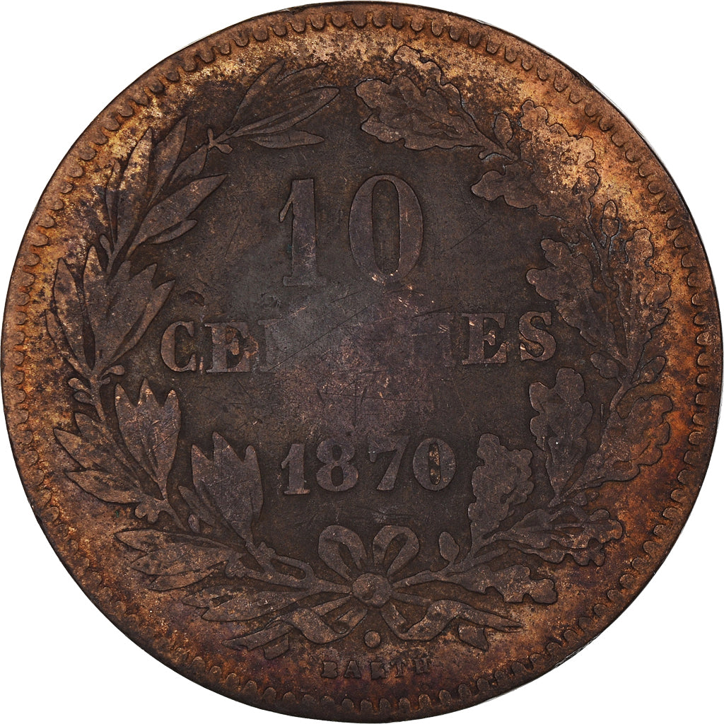 Coin, Luxembourg, William III, 10 Centimes, 1870, Utrecht, VF(20-25), Bronze