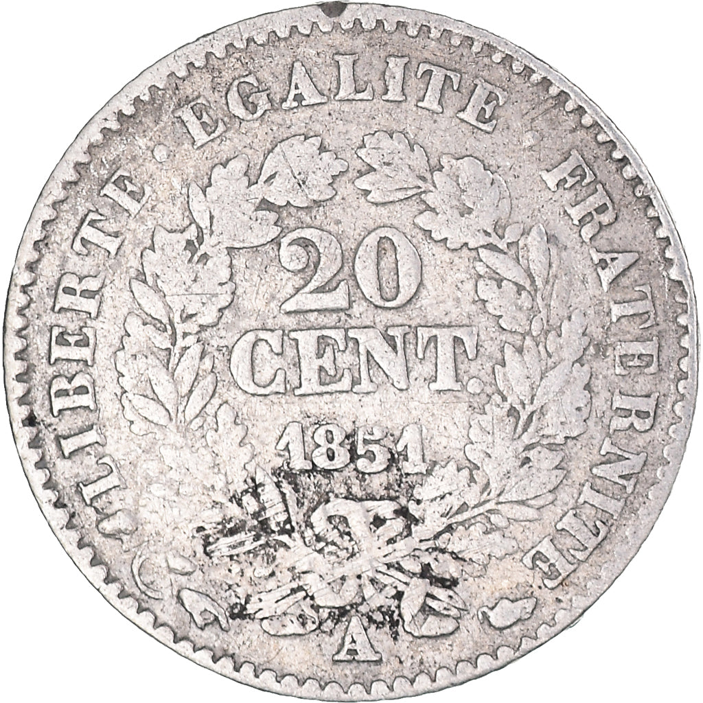Moneda, Francia, Cérès, 20 Centimes, 1851, Paris, BC+, Plata, KM:758.1