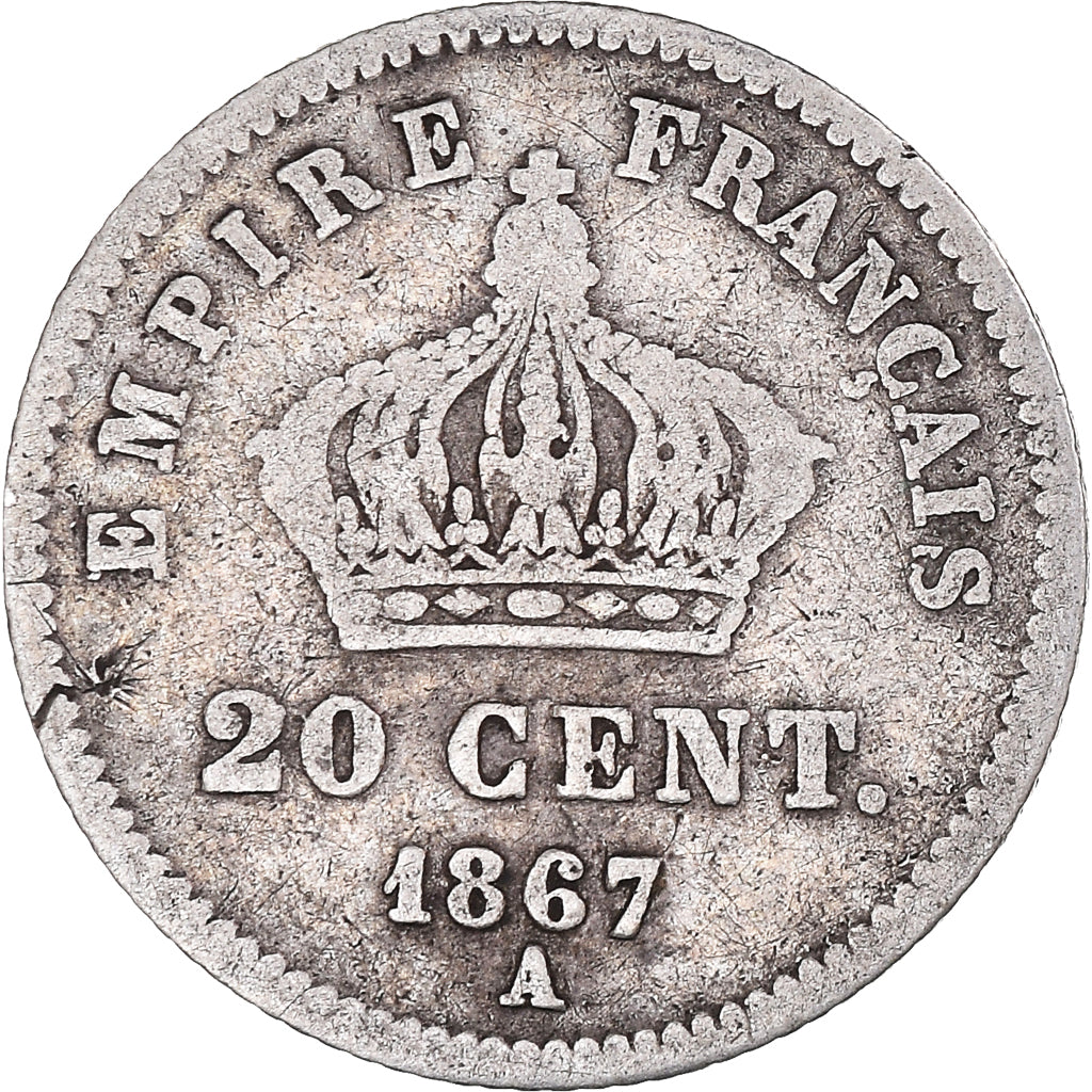Moneda, Francia, Napoleon III, Napoléon III, 20 Centimes, 1867, Paris, BC+