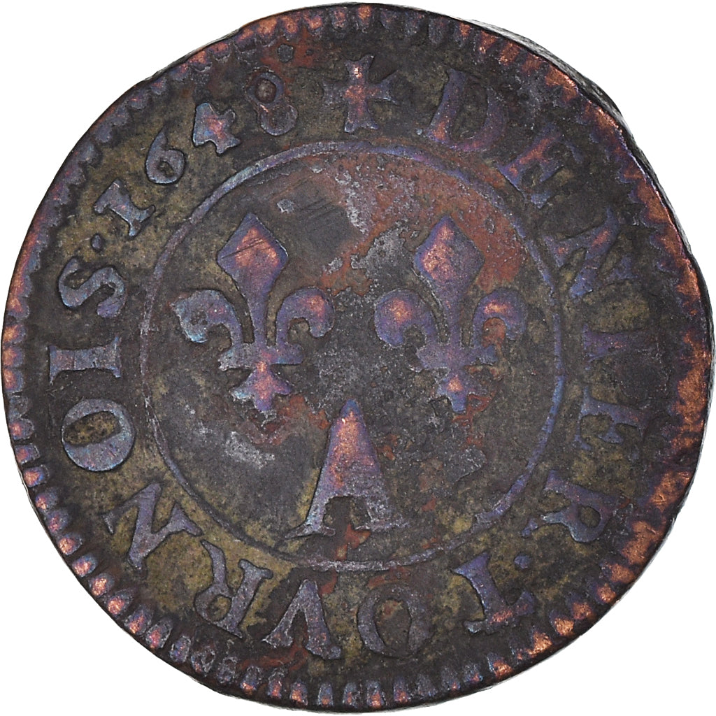 Moneta, Francia, Denier Tournois, 1648, Paris, MB+, Rame, Gadoury:70, CGKL:552
