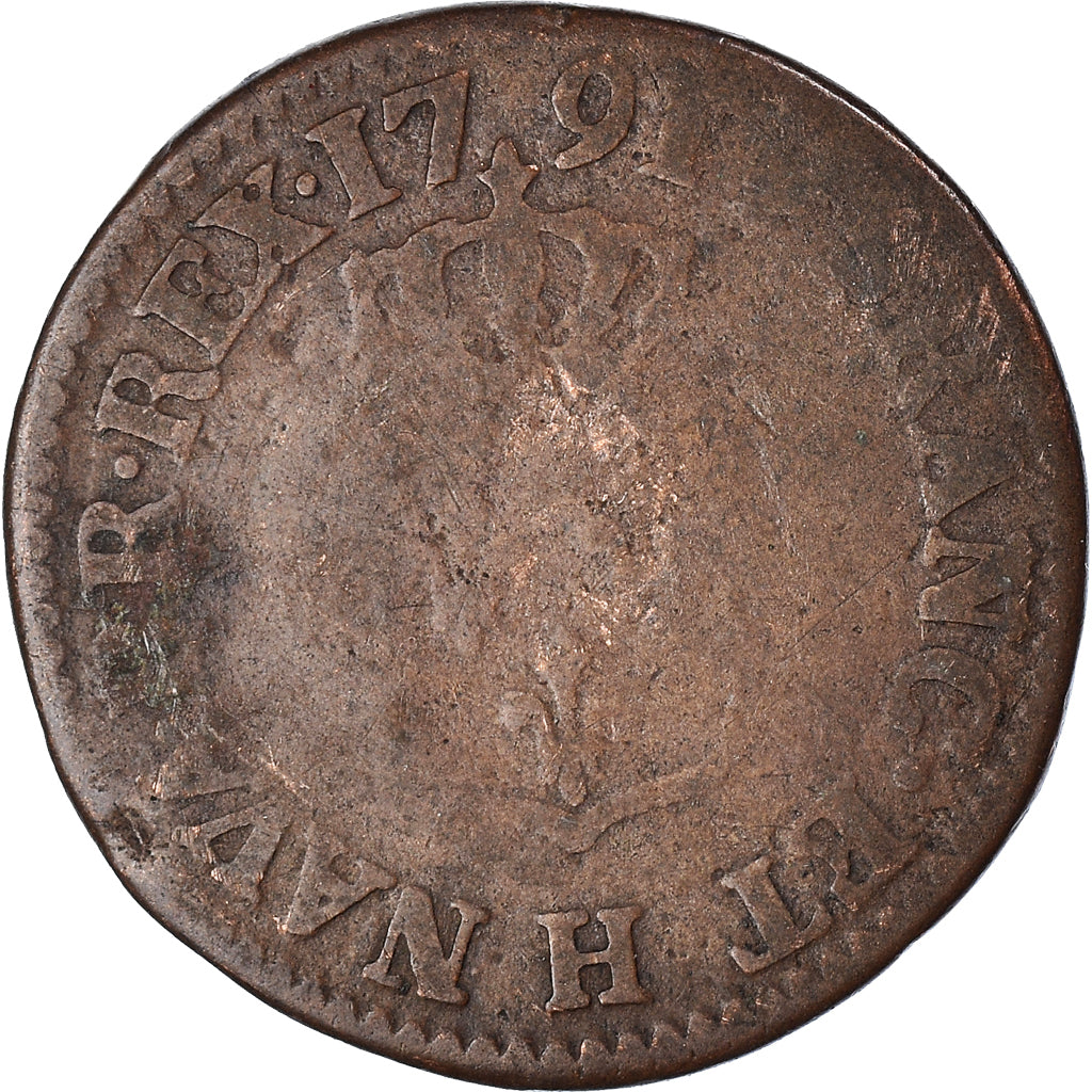 Coin, France, Louis XVI, Liard, Liard, 1791, La Rochelle, VF(20-25), Copper