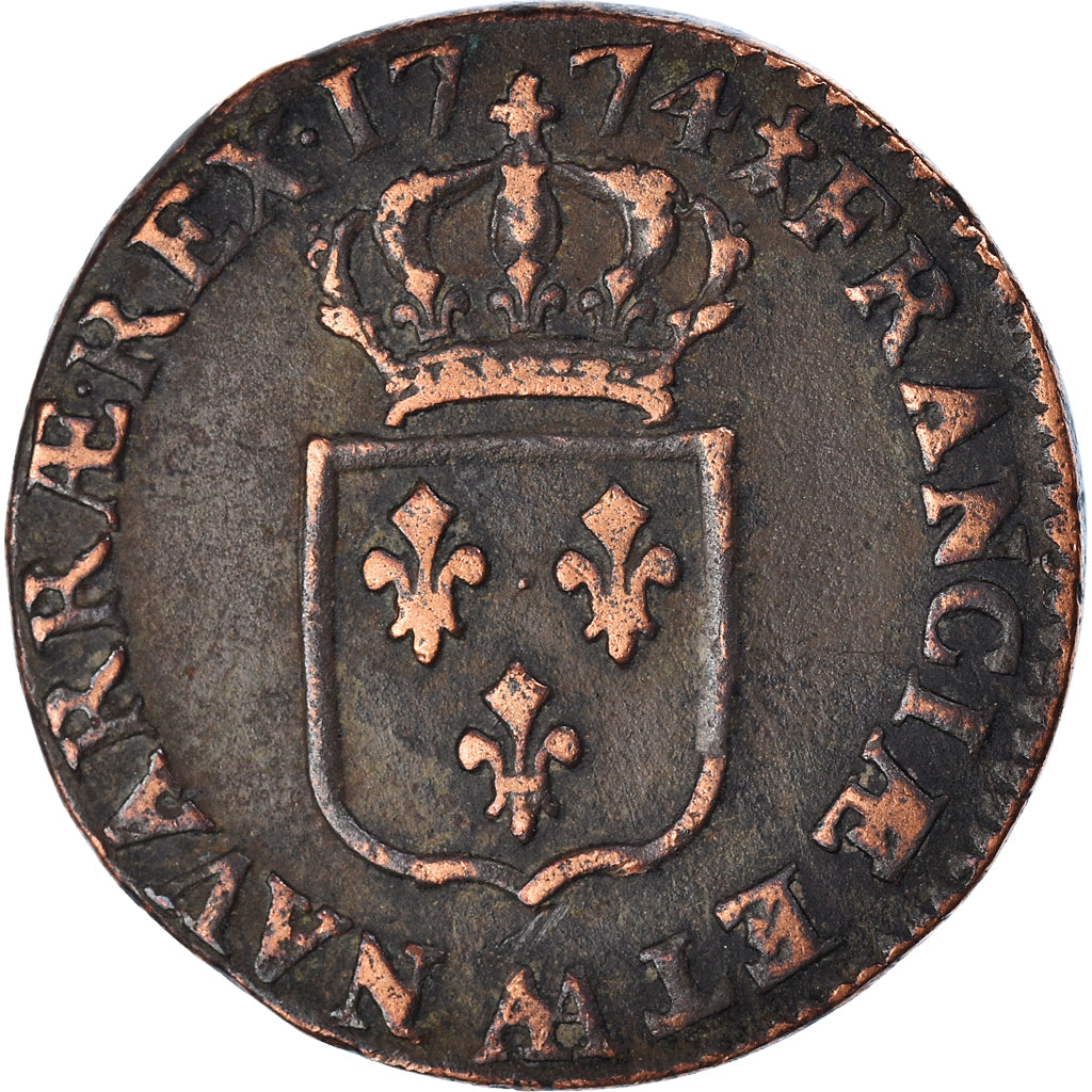 Moneda, Francia, Louis XV, Sol à la vieille tête, Sol, 1774, Metz, BC+, Cobre