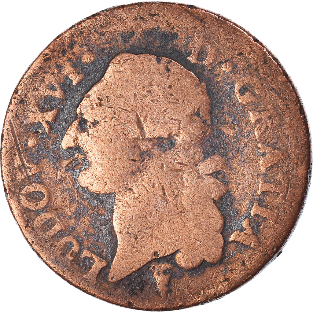Moneta, Francia, Louis XVI, Sol ou sou, Sol, 1790, Bordeaux, MB, Rame, KM:578.8
