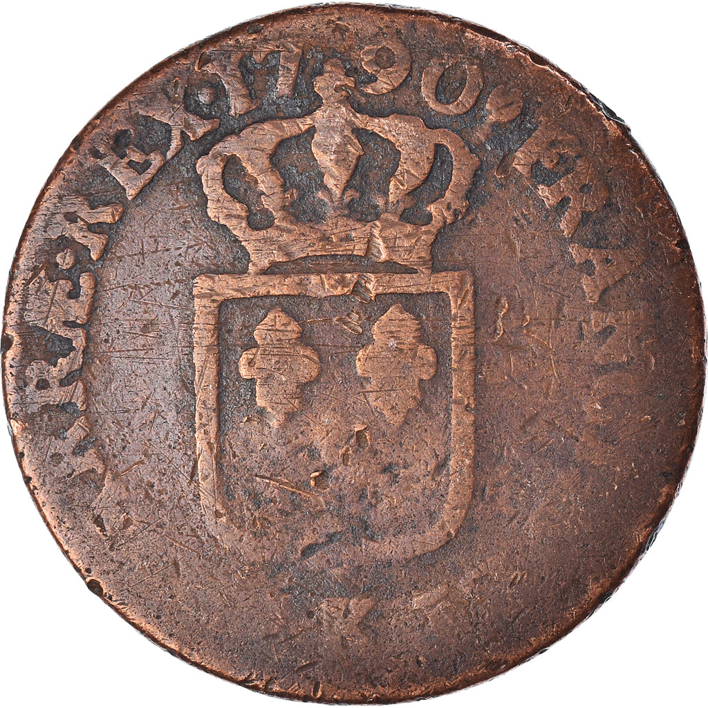 Moneta, Francia, Louis XVI, Sol ou sou, Sol, 1790, Bordeaux, MB, Rame, KM:578.8