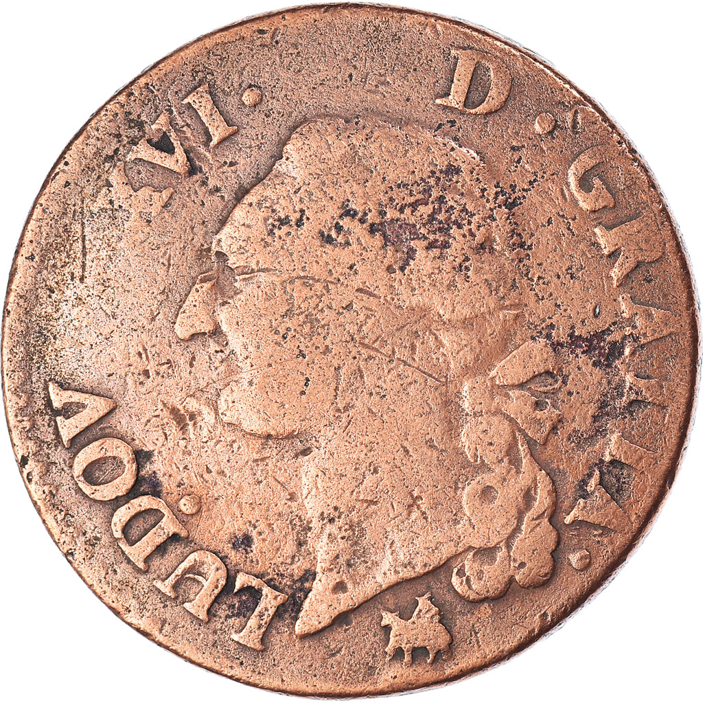 Coin, France, Louis XVI, Sol ou sou, Sol, 1791, Rouen, VF(30-35), Copper