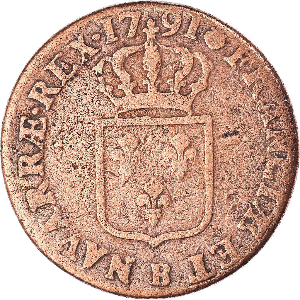 Coin, France, Louis XVI, Sol ou sou, Sol, 1791, Rouen, VF(30-35), Copper