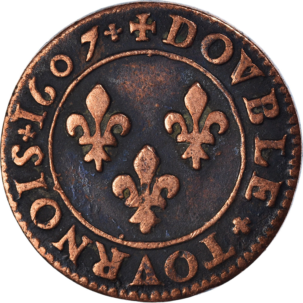 Coin, France, Double Tournois, 1607, Paris, VF(30-35), Bronze, KM:754, CGKL:202A