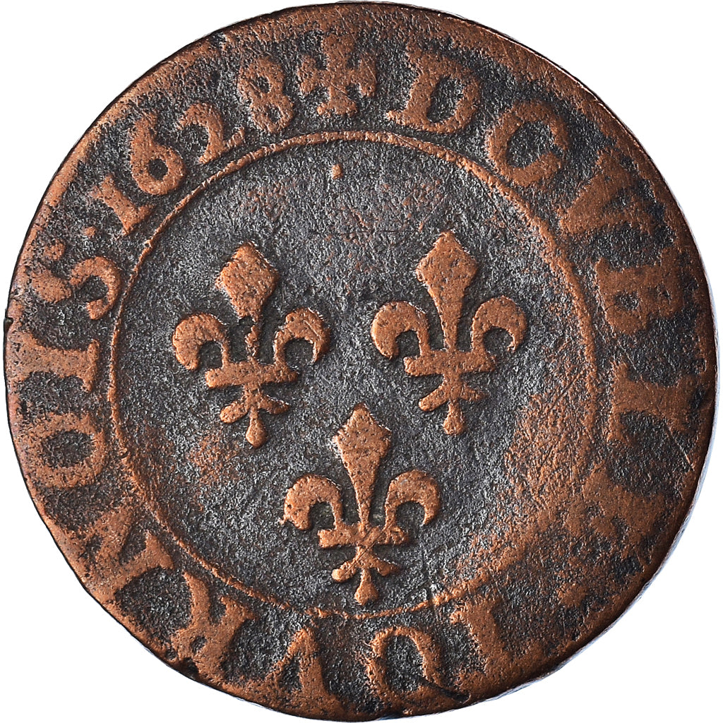 Moneda, Francia, Louis XIII, Double Tournois, 1628, Paris, BC+, Cobre, CGKL:394