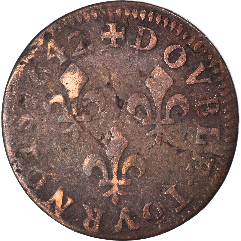 Monnaie, France, Louis XIII, Double tournois de Warin, 1642, TB+, Cuivre