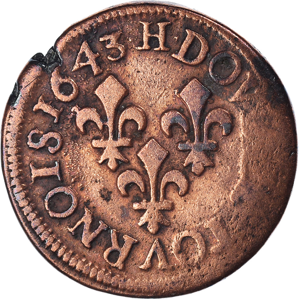 Coin, France, Louis XIII, Double tournois de Warin, 1643, La Rochelle