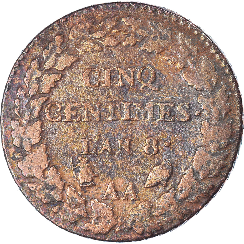 Moneta, Francia, Dupré, 5 Centimes, AN 8, Metz, MB+, Bronzo, KM:640.2