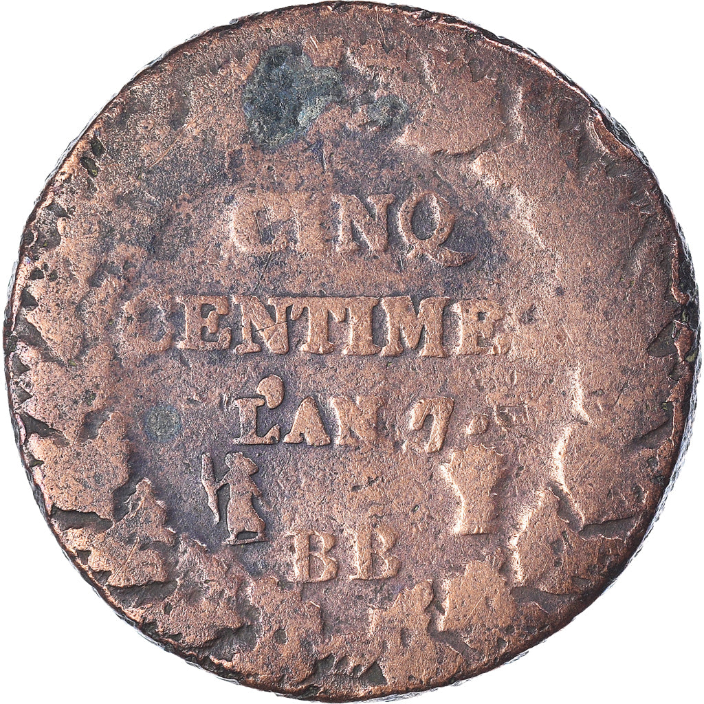 Moneta, Francja, Dupré, 5 Centimes, AN 7, Strasbourg, VF(20-25), Brązowy