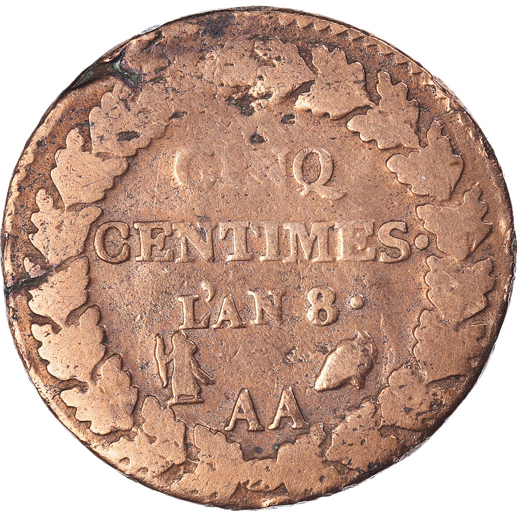 Coin, France, Dupré, 5 Centimes, AN 8, Metz, VF(20-25), Bronze, KM:640.2