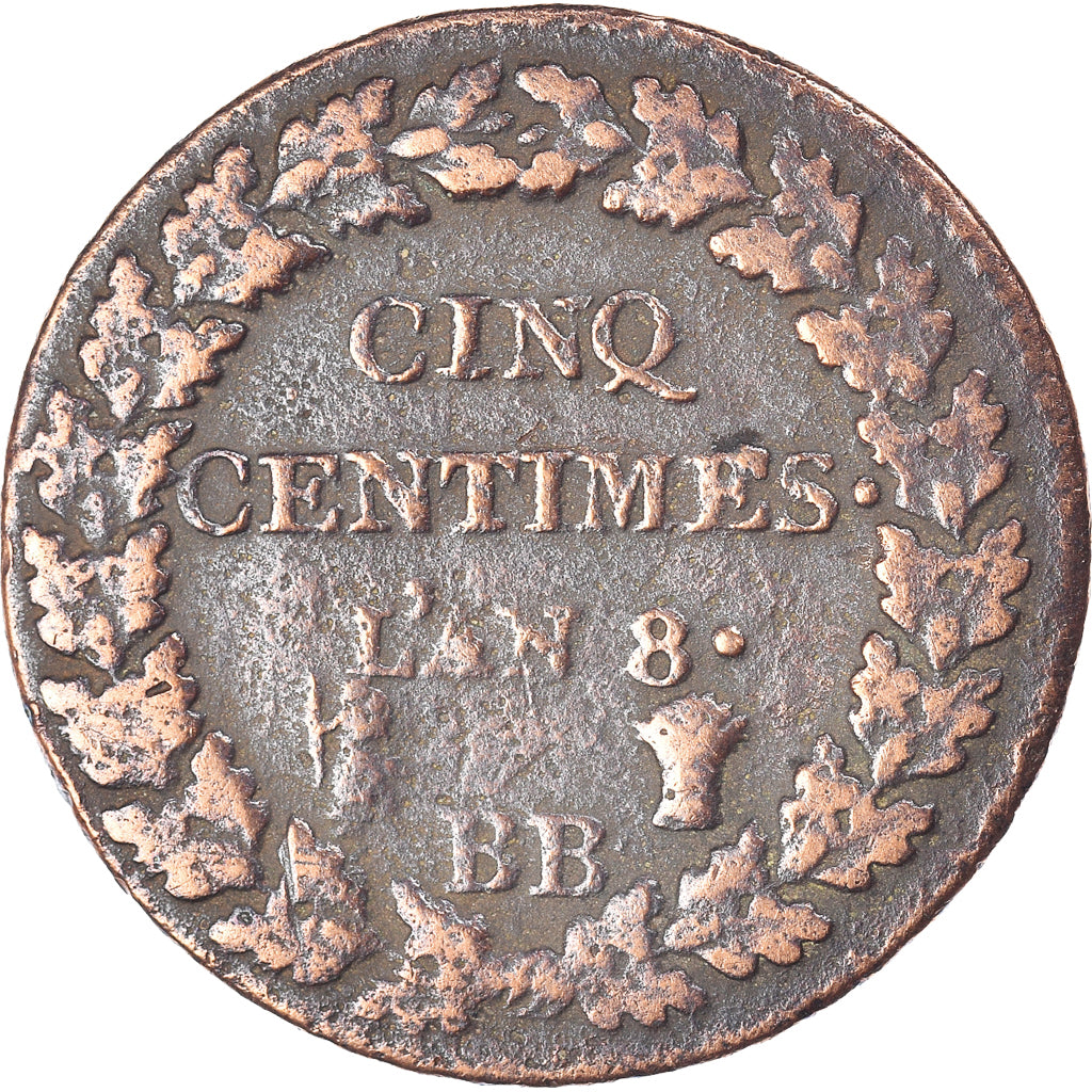 Moneda, Francia, Dupré, 5 Centimes, AN 8, Strasbourg, BC+, Bronce, KM:640.4