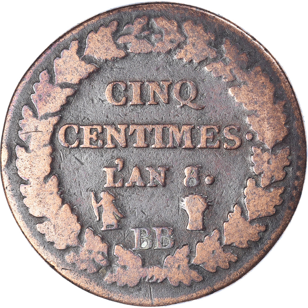 Monnaie, France, 5 Centimes, AN 8, Strasbourg, TB, Bronze, Gadoury:126a