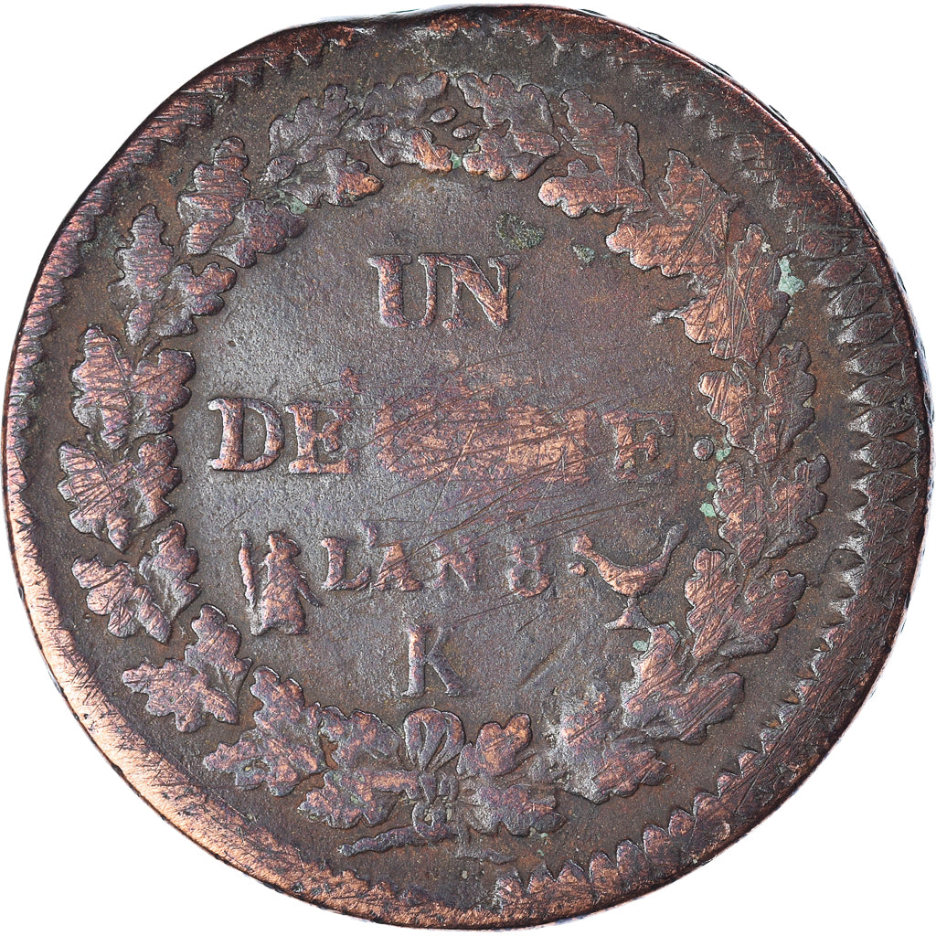 Moneta, Francia, Dupré, Decime, AN 8, Bordeaux, MB, Bronzo, KM:644.8