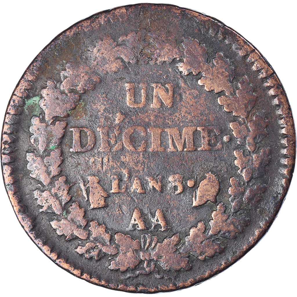 Moneda, Francia, Dupré, Decime, AN 8, Metz, BC+, Bronce, KM:644.2, Gadoury:187a