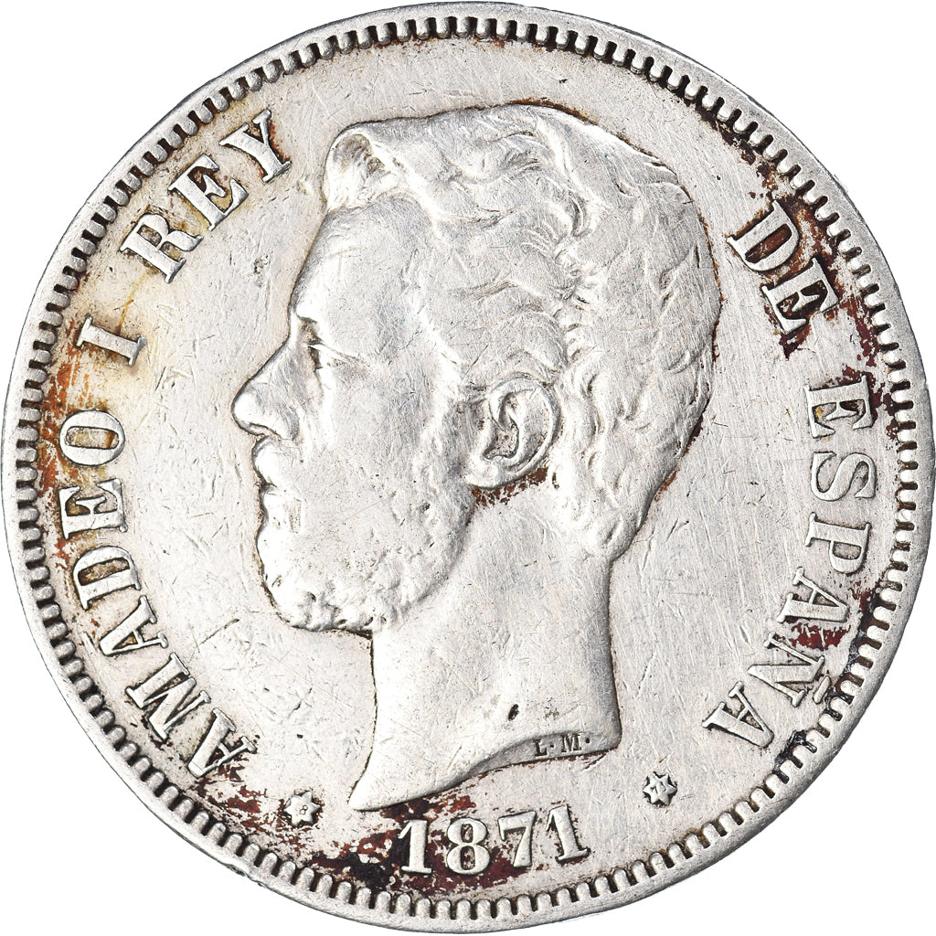 Coin, Spain, Amadeao I, 5 Pesetas, 1871, Madrid, VF(30-35), Silver, KM:666