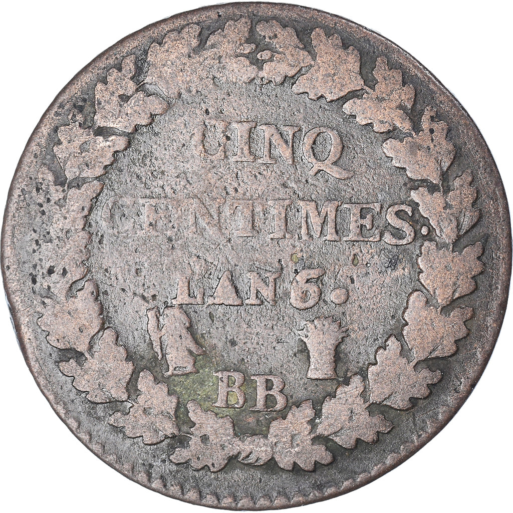 Moneta, Francia, Dupré, 5 Centimes, An 6/5, Strasbourg, MB, Bronzo, KM:640.4