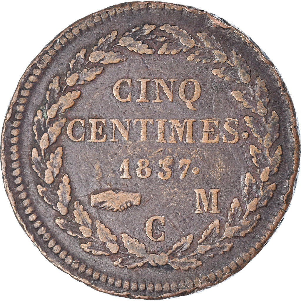Coin, Monaco, Honore V, 5 Centimes, Cinq, 1837, Monaco, EF(40-45), Copper