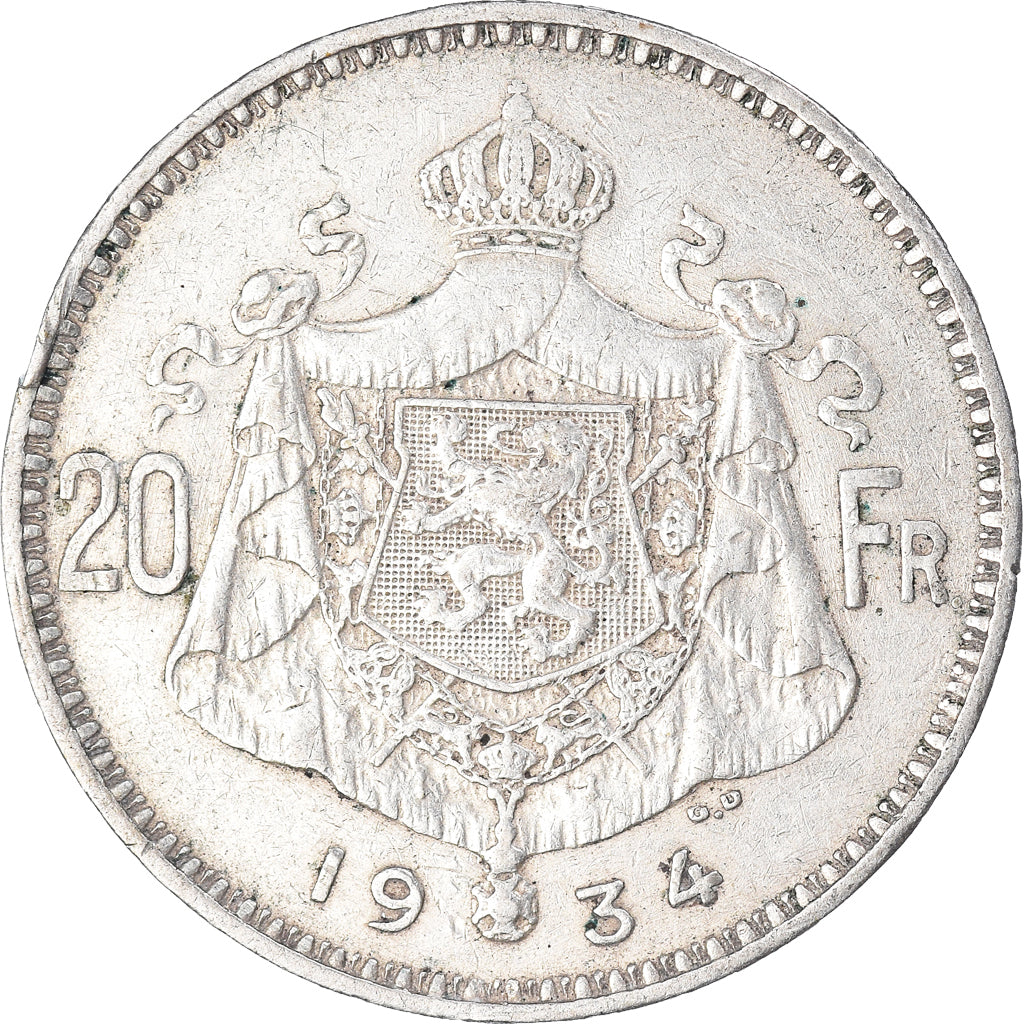 Coin, Belgium, Albert I, 20 Francs, 20 Frank, 1934, Brussels, AU(50-53), Silver