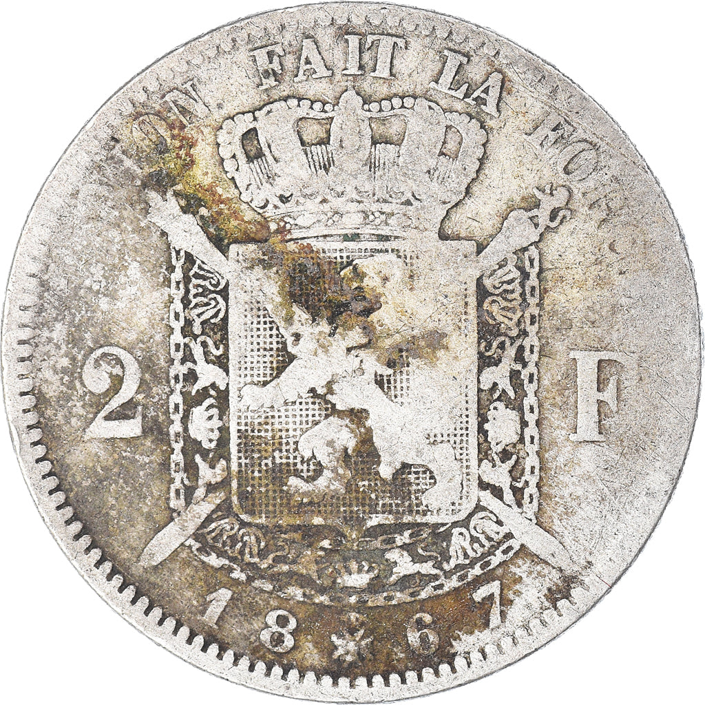Moneta, Belgio, Leopold II, 2 Francs, 2 Frank, 1867, Brussels, B+, Argento