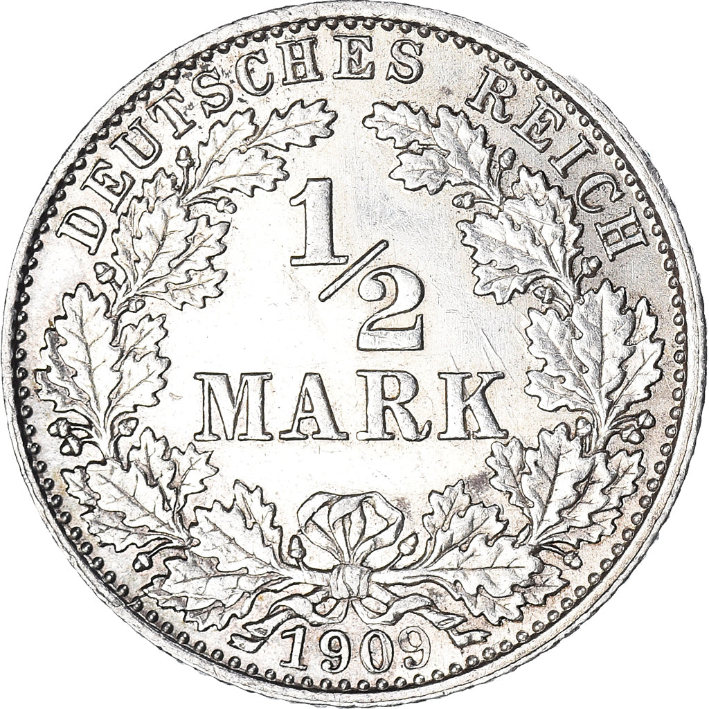 Coin, GERMANY - EMPIRE, 1/2 Mark, 1909, Munich, AU(50-53), Silver, KM:17