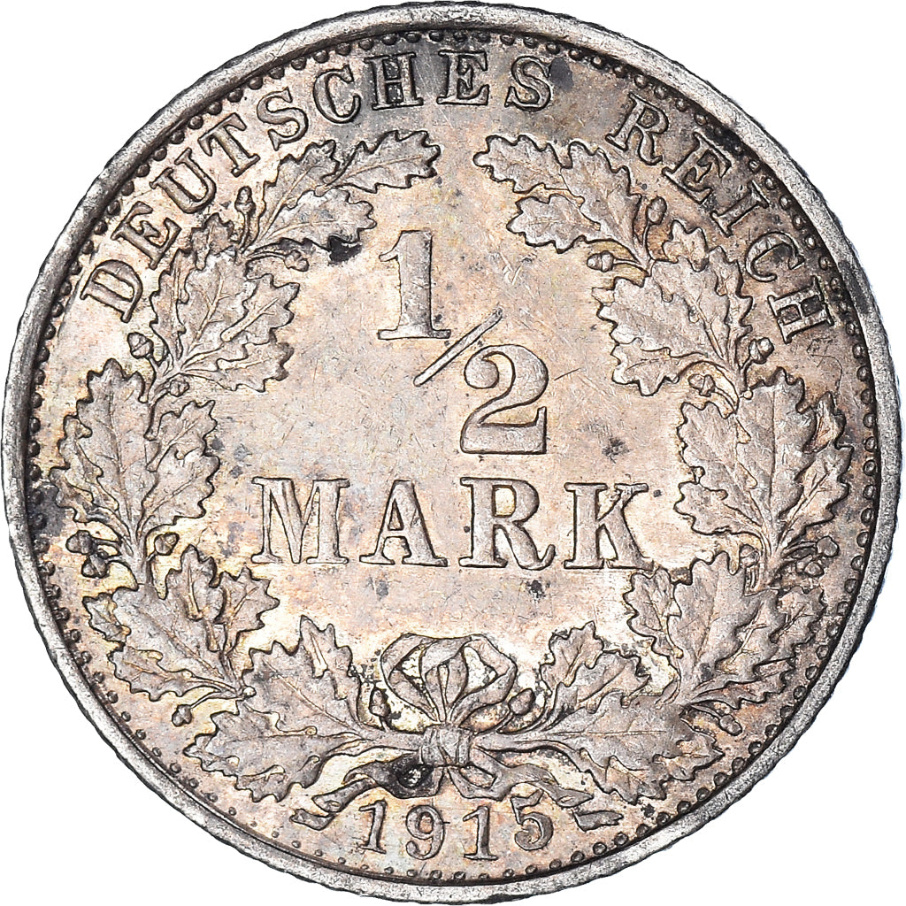Coin, GERMANY - EMPIRE, 1/2 Mark, 1915, Karlsruhe, AU(55-58), Silver, KM:17