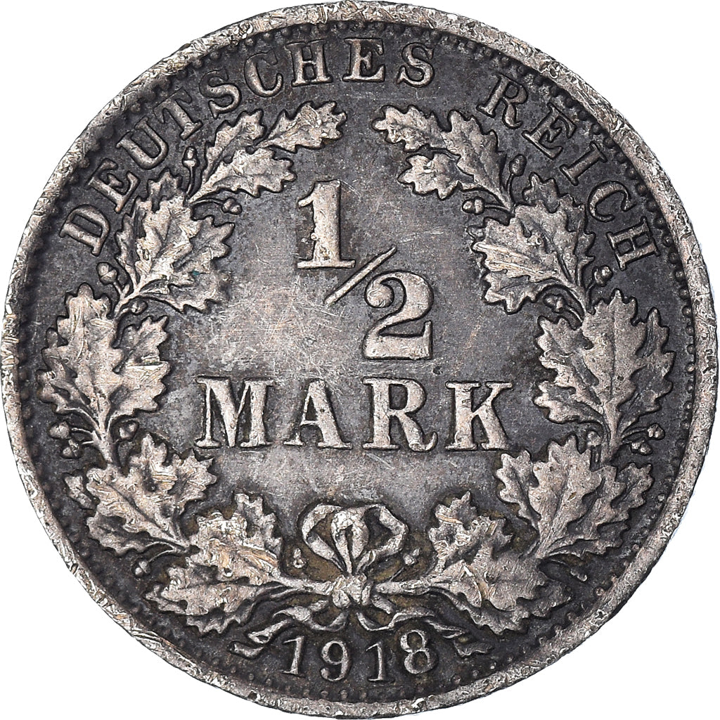 Coin, GERMANY - EMPIRE, 1/2 Mark, 1918, Karlsruhe, VF(30-35), Silver, KM:17