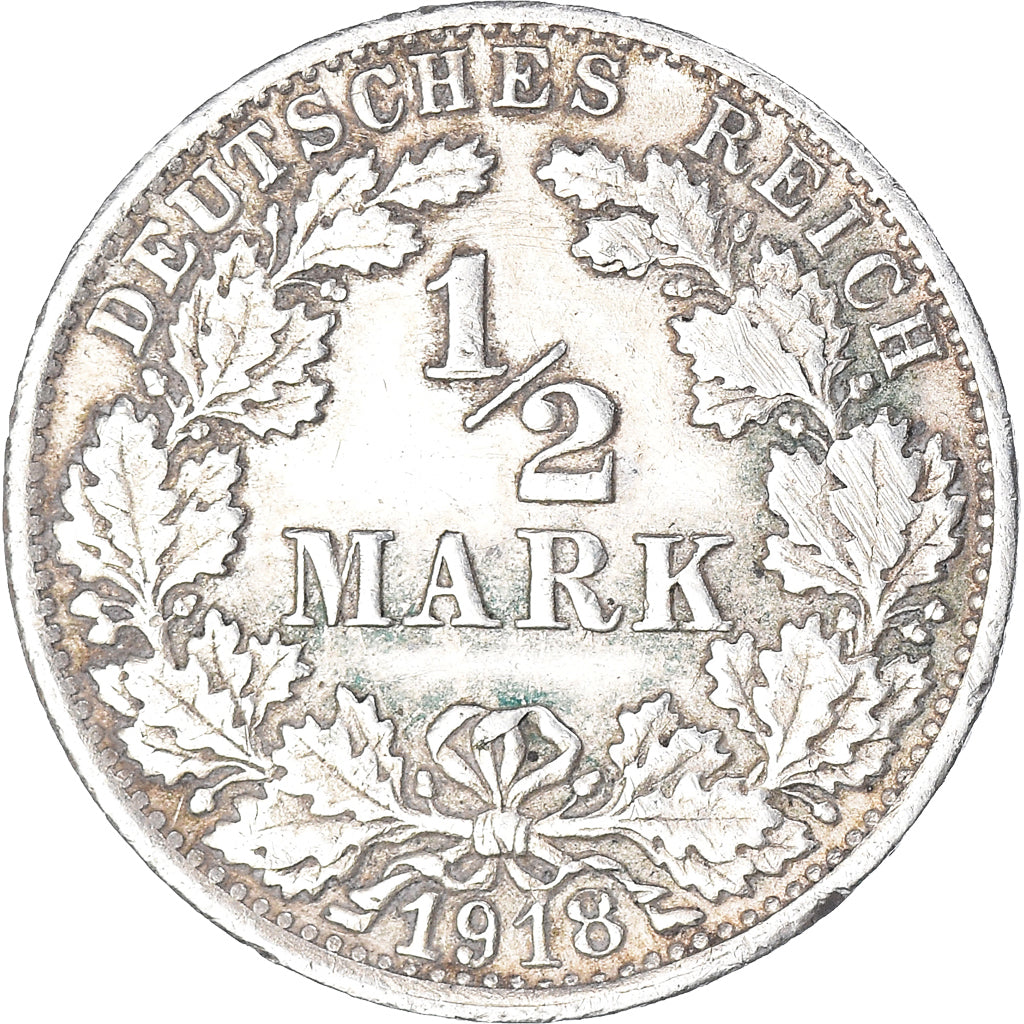Coin, GERMANY - EMPIRE, 1/2 Mark, 1918, Stuttgart, VF(30-35), Silver, KM:17