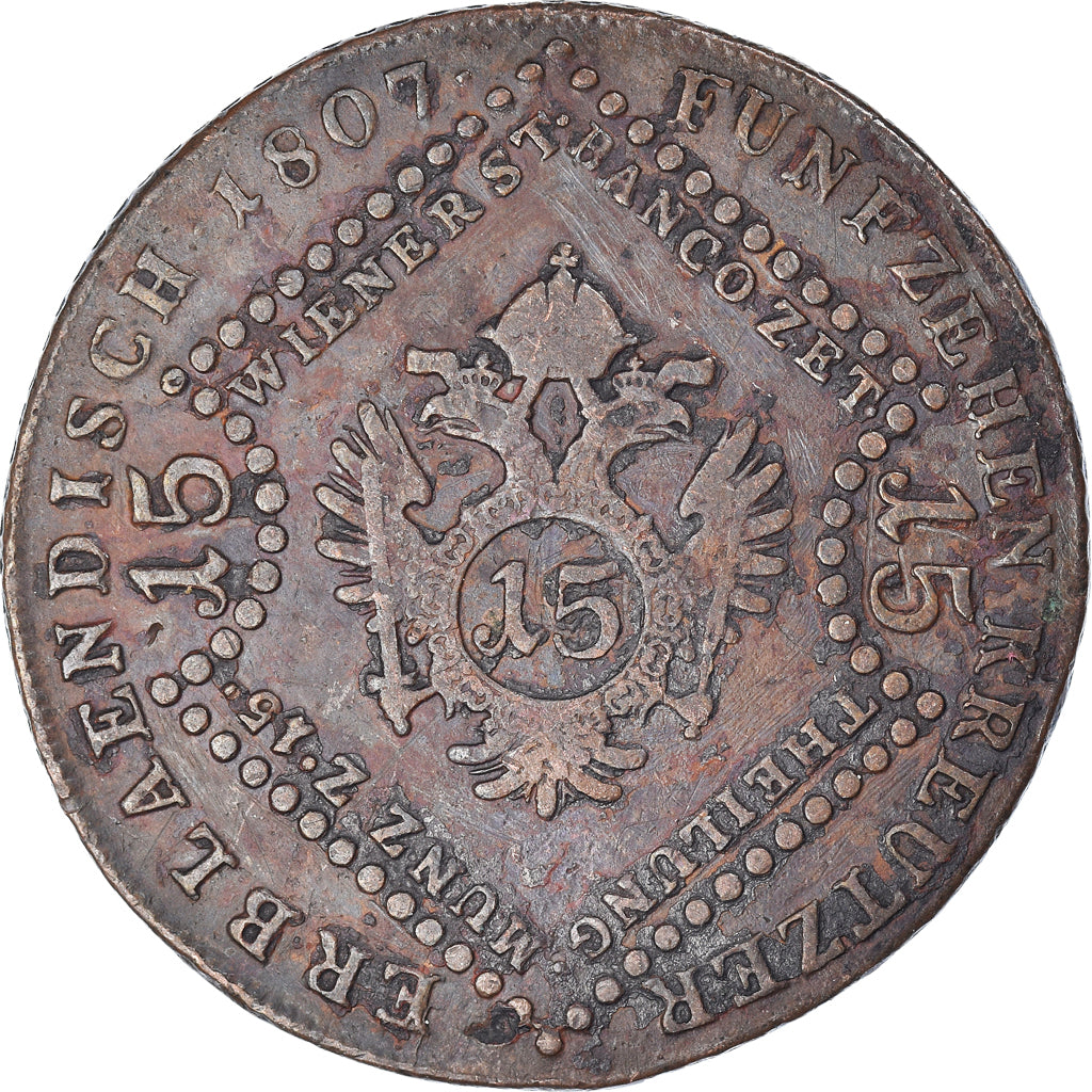 Moneta, Austria, Franz II (I), 15 Kreuzer, 1807, Kremnitz, MB+, Rame, KM:2138