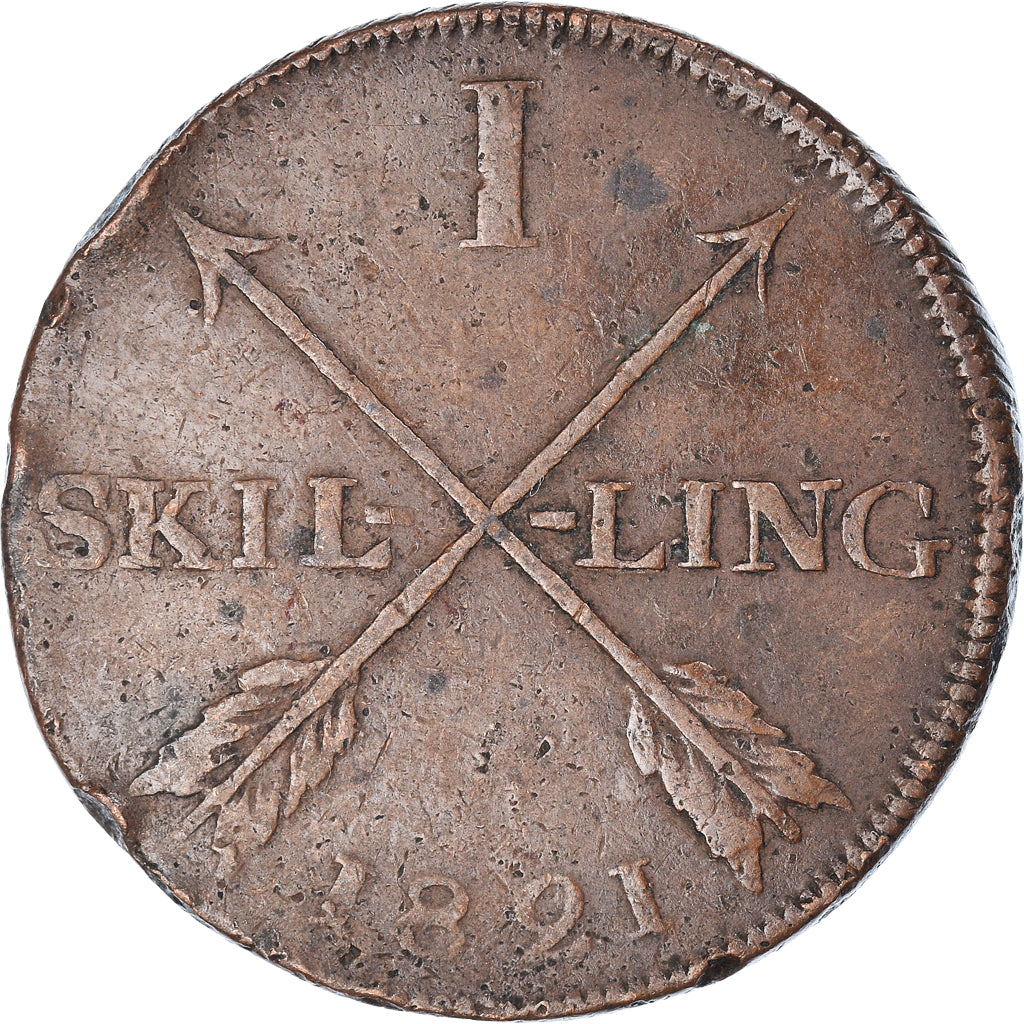 Moneda, Suecia, Carl XIV Johan, Skilling, 1821, BC+, Cobre, KM:597