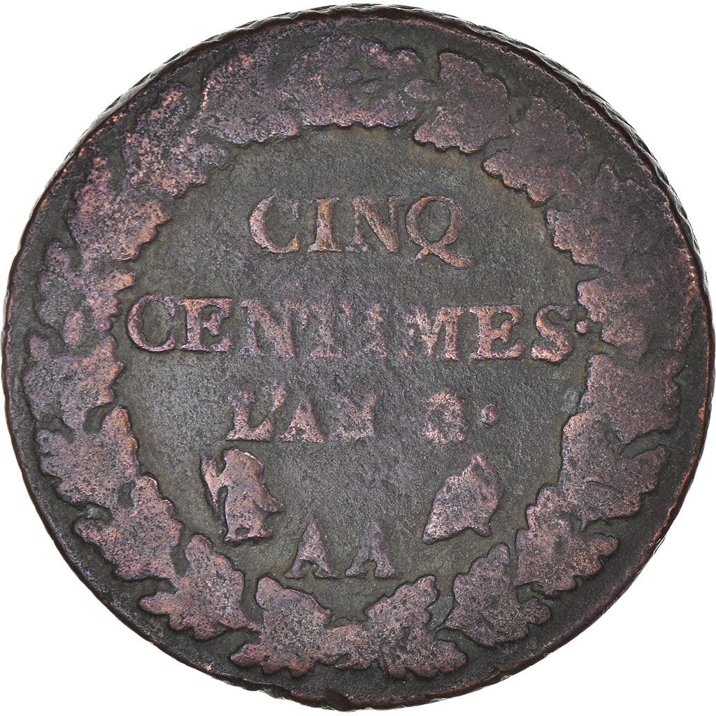 Moneta, Francia, Dupré, 5 Centimes, AN 8, Metz, MB, Bronzo, KM:640.2