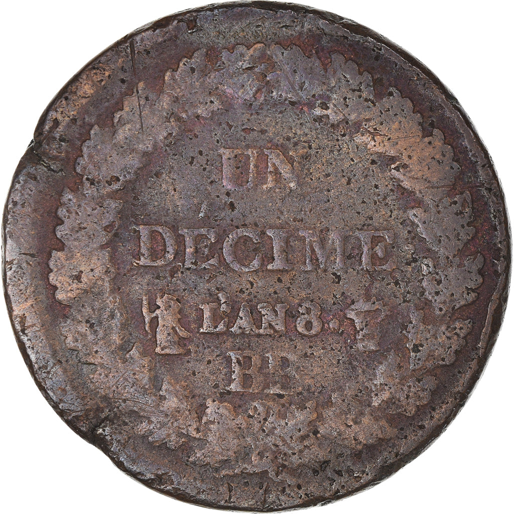 Moeda, França, Dupré, Decime, AN 8, Strasbourg, VF(30-35), Bronze, KM:644.4