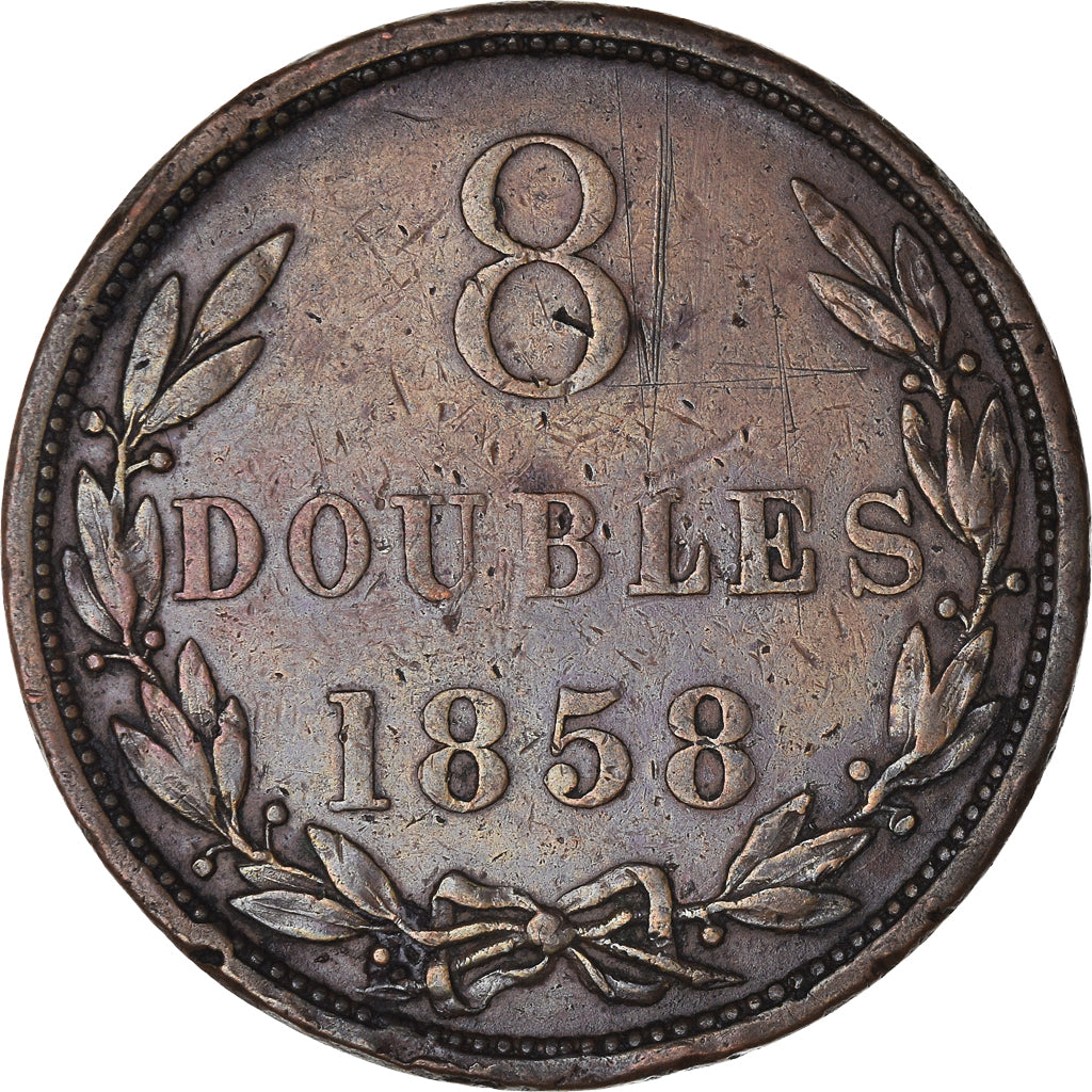 Moneda, Guernsey, 8 Doubles, 1858, Heaton, BC+, Cobre, KM:3
