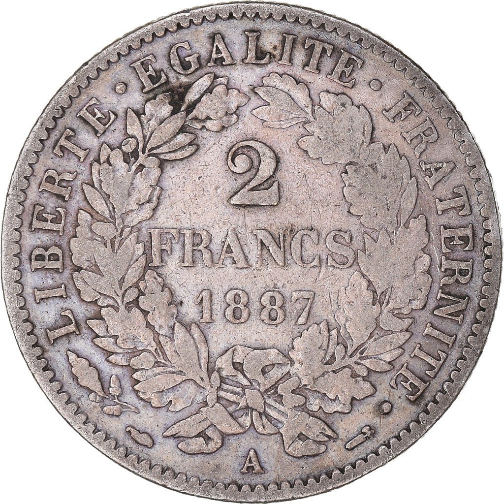 Coin, France, Cérès, 2 Francs, 1887, Paris, VF(30-35), Silver, KM:817.1